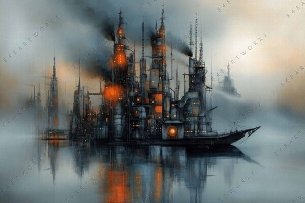 Futuristic digital painting of illuminated industrial structures on a foggy waterfront.
