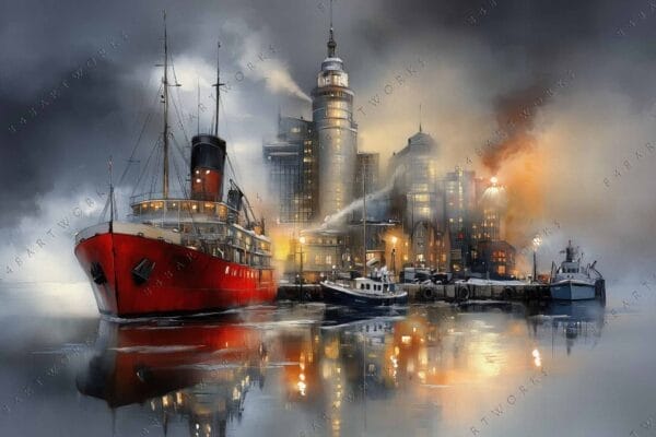 Digital painting of a vibrant red ship docked near a misty urban skyline.
