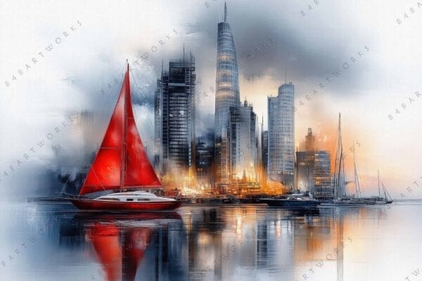 Digital painting of a city skyline with a red sailboat on calm water.
