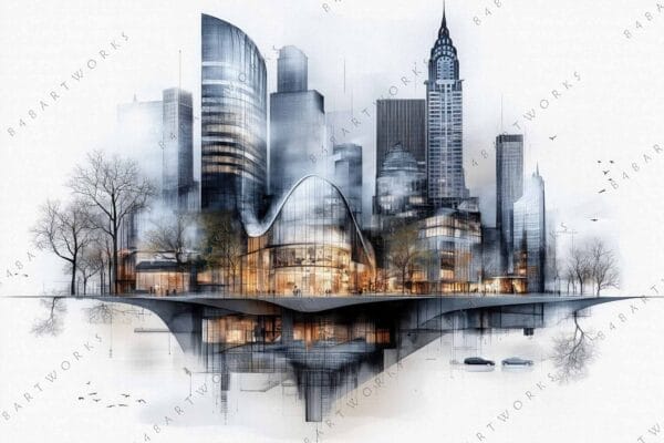Futuristic digital painting of a city skyline with reflective water and bare trees.