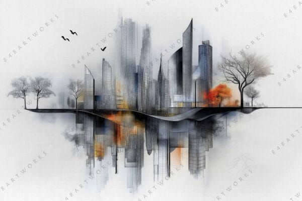 "Abstract digital art of futuristic cityscape with trees in grayscale and orange hues."