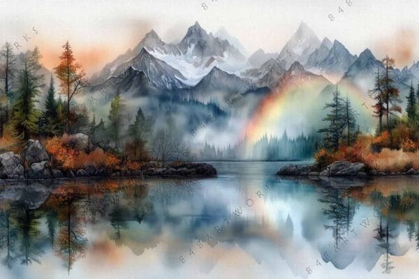 "Watercolor painting of mountains, trees, and a lake with vibrant reflections in mist."