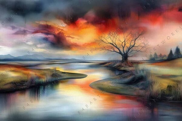 "Digital painting of a vibrant sunset over a serene river and barren tree."