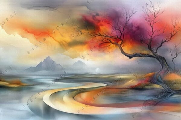 Digital painting of a surreal landscape with vivid orange and red sky, twisted tree.