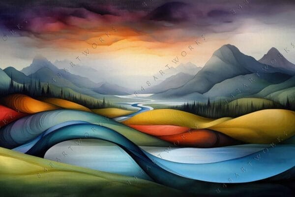 "Colorful abstract landscape painting with rolling hills, mountains, and vibrant sky."