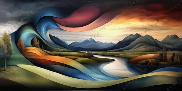 "Surreal digital painting of rolling hills and mountains with vivid, swirling colors."