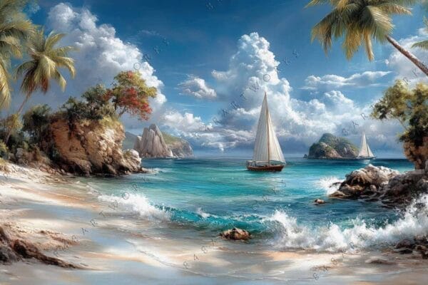 Realistic painting of a tropical beach with sailboats and palm trees under a blue sky.