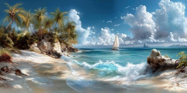 "Digital painting of a tropical beach with palm trees and a sailboat on turquoise sea."