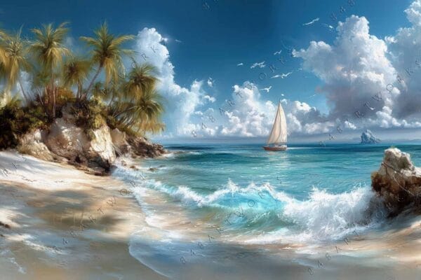 "Digital painting of a tropical beach with palm trees and a sailboat on turquoise sea."