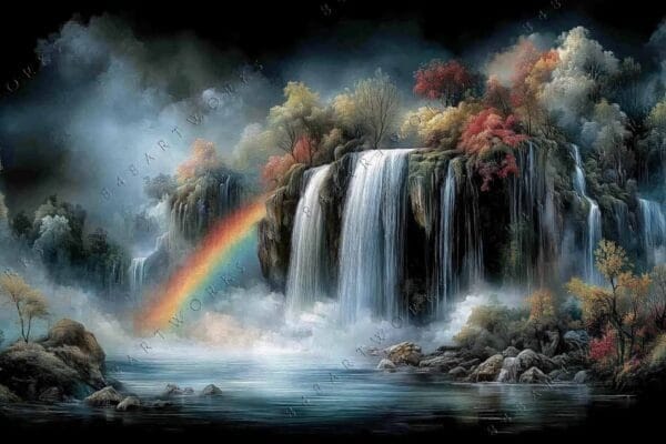 "Digital painting of a misty waterfall with rainbow and autumn trees."
