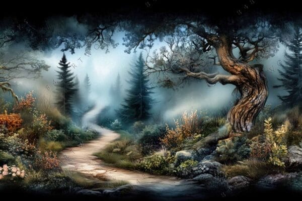 "Fantasy digital painting of a mystical forest path with twisted trees and vibrant foliage."