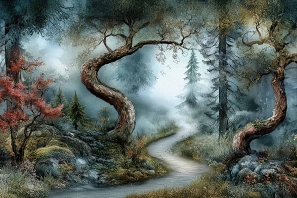 Fantasy digital painting of a misty forest path with twisted trees and autumnal colors.
