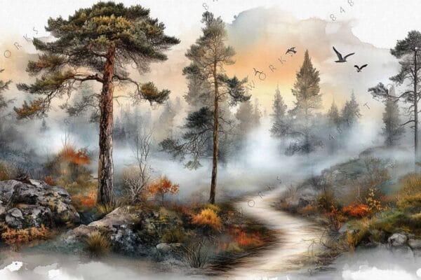 Watercolor painting of a misty forest with orange foliage and flying birds.