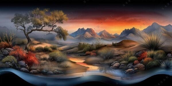 Digital painting of a vibrant desert landscape at sunset with distant mountains.