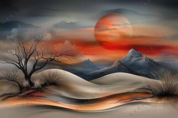 "Surreal digital art of barren tree, red sun, and mountains on sand dunes."