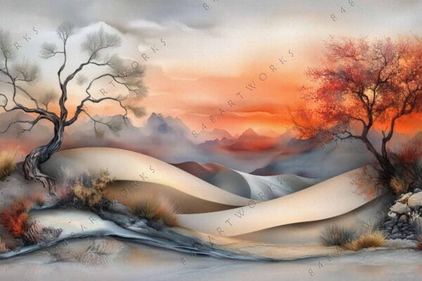 "Surreal digital painting of desert landscape with twisted trees and a vibrant sunset."