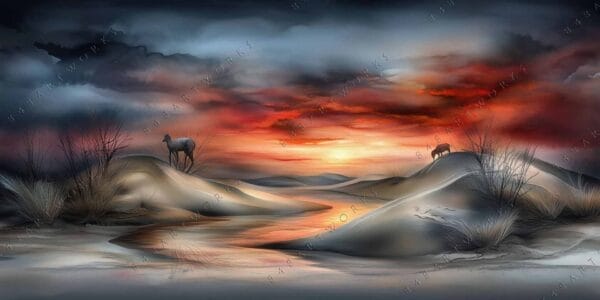 "Surreal digital painting of two horses on dunes beneath a dramatic red sunset sky."