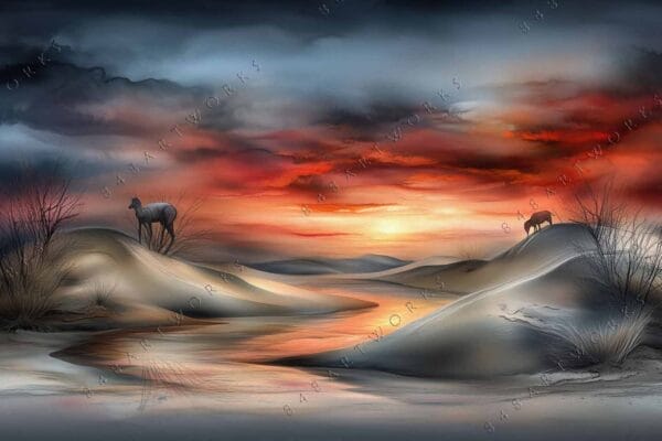 "Surreal digital painting of two horses on dunes beneath a dramatic red sunset sky."