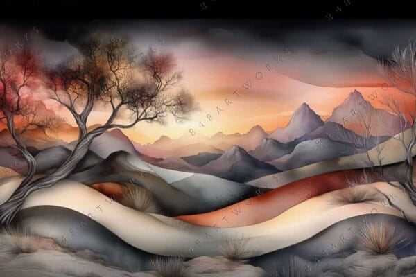 "Surreal digital painting of a desert landscape with stylized trees and mountains at sunset."