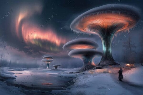 "Surreal digital painting of glowing mushrooms under vibrant auroras in a snowy landscape."
