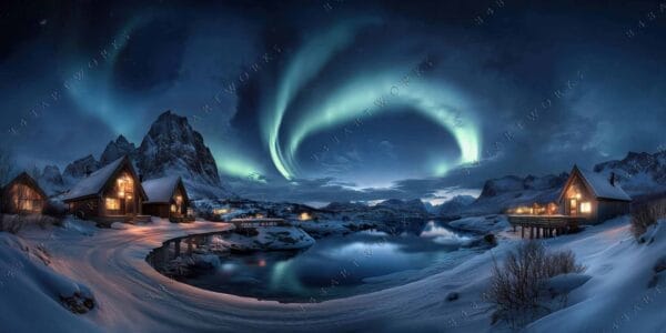 Digital artwork of snow-covered cabins under vibrant green and blue northern lights.