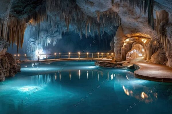 Digital art of a cave with turquoise water and illuminated stalactites.