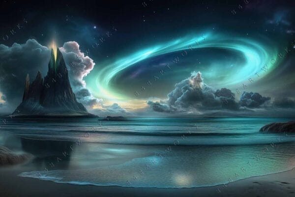 "Digital painting of a mystical island under vibrant swirling aurora, in blue and green tones."