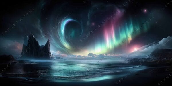 Digital painting of a glowing aurora over dark mountains and ocean, in vibrant colors.