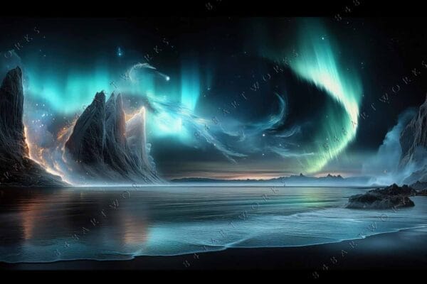 "Digital art of jagged mountains under vibrant green and blue aurora borealis over water."