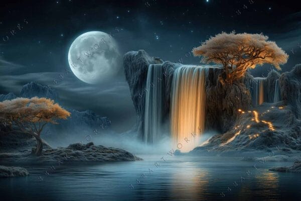 "Surreal digital art of moonlit landscape with waterfall and illuminated trees."