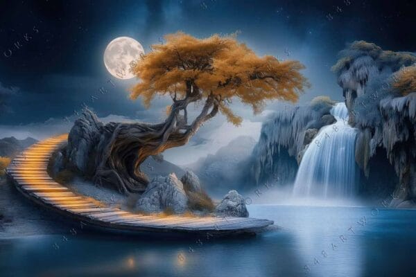 Digital painting of a moonlit landscape with a golden tree, waterfall, and starry sky.