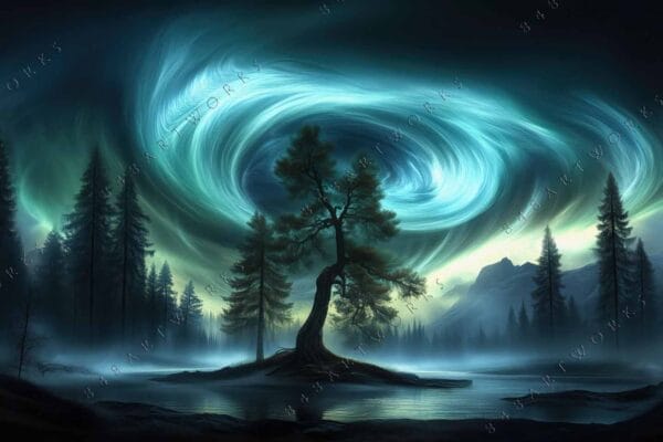"Digital painting of swirling green aurora above a silhouetted tree and foggy forest."