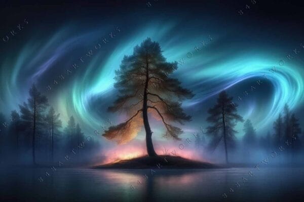"Digital art of aurora over silhouetted trees on an island, blue and green hues."