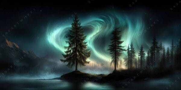 Digital painting of northern lights over pine trees with mountains in the background.
