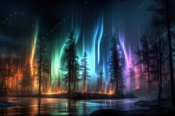 "Digital art of forest with colorful aurora borealis in green, blue, and purple hues."
