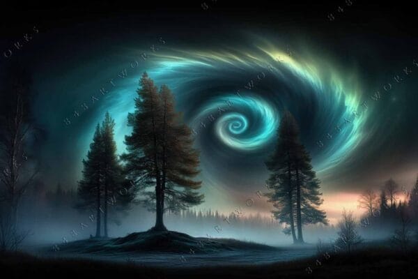 "Digital artwork of swirling northern lights over a misty forest landscape."
