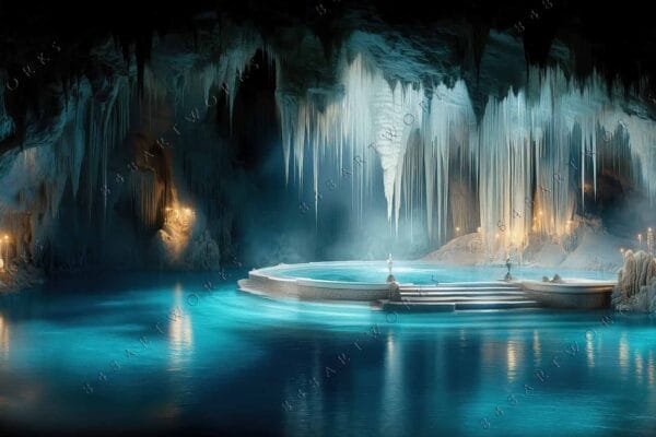 "Digital art of a candlelit cave with a pool and stalactites in blue hues."