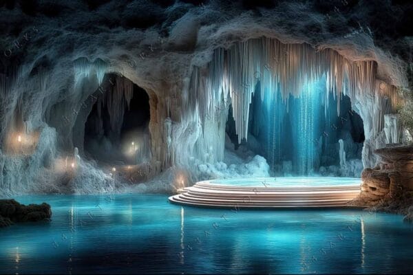"Digital painting of an illuminated cave with a blue pool and cascading stalactites."