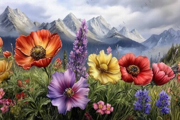 "Vibrant digital painting of colorful wildflowers in foreground, mountains under cloudy sky."