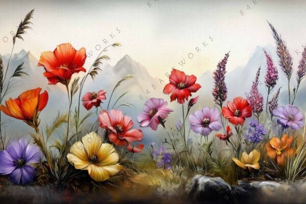 Digital painting of colorful wildflowers in foreground with distant misty mountains.