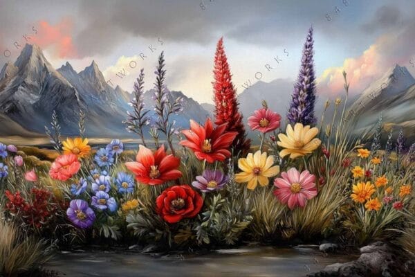 Digital painting of vibrant wildflowers against a backdrop of dramatic mountains and cloudy sky.