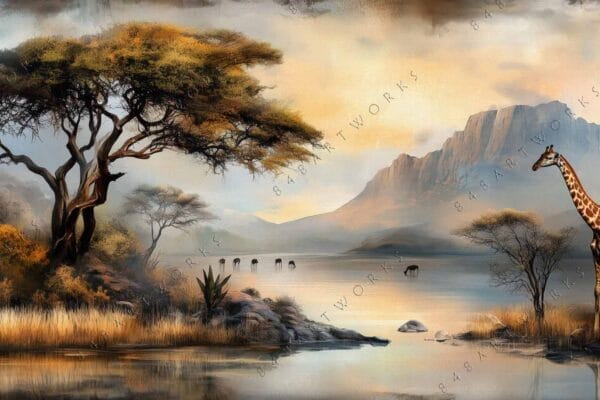 "Digital painting of a giraffe and acacia tree near a serene lake, warm tones."