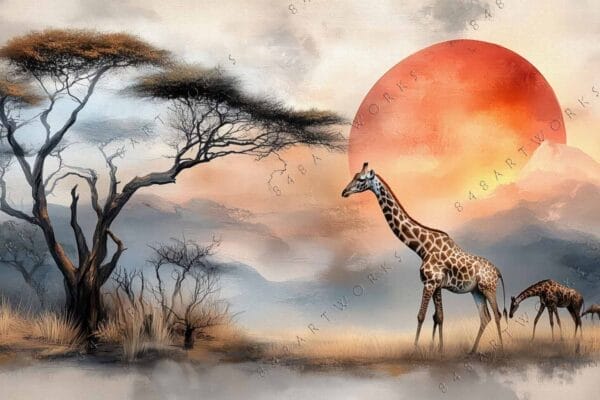 "Digital painting of giraffes in an African savanna at sunset with acacia trees."