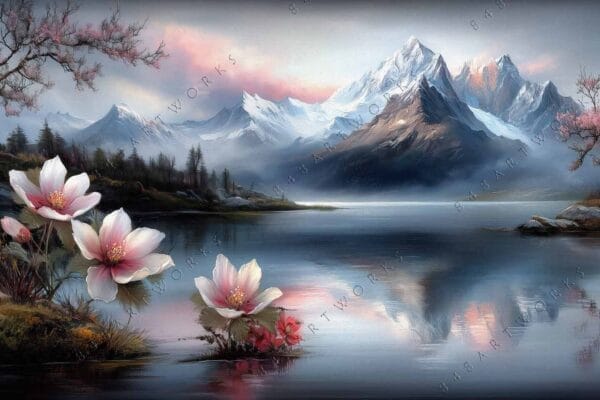 Digital painting of snowy mountains, lake, cherry blossoms, and pink flowers in foreground.