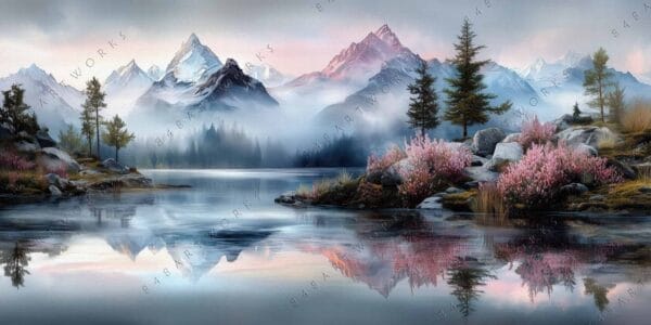 Digital painting of a misty mountain lake with pink bushes and evergreen trees.