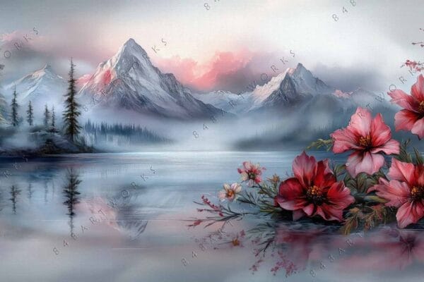 "Digital painting of misty mountains reflecting in a lake, framed by red flowers."