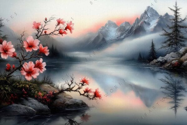 "Digital painting of serene lake landscape with pink flowers and distant snowy mountains."