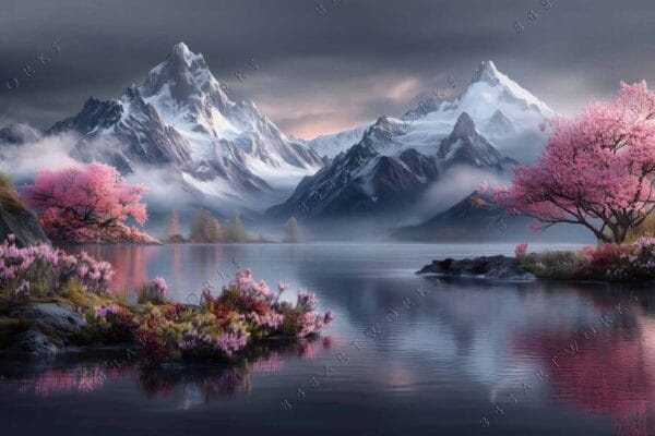 Digital painting of snow-capped mountains and pink cherry blossoms reflecting in a lake.