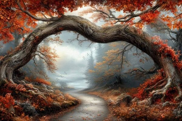 "Fantasy landscape digital art with autumn trees arching over a misty forest path."