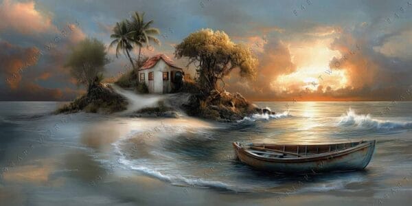"Digital painting of a tropical island, sunset sky, and wooden boat on the ocean."
